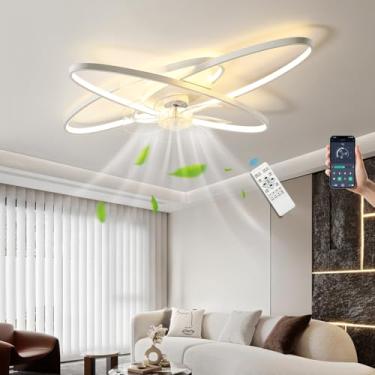 Imagem de Ventilador de teto moderno com luzes LED, regulável, com controle remoto, luminária de teto invisível e silenciosa para sala de estar, sala de jantar, quarto e cozinha, 6 velocidades (branco