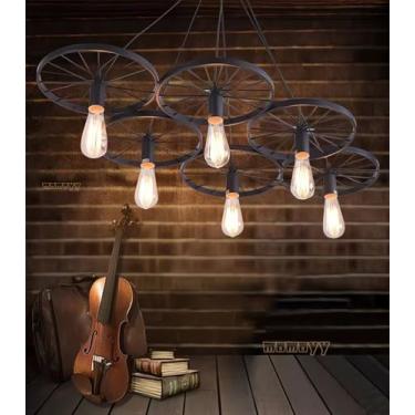 Imagem de Lustre pendente vintage com altura ajustável, soquete E27*6 (sem lâmpada), estilo industrial, para teto, ideal para restaurantes, cozinhas, bares e cafés. Luminária pendente de metal com rod