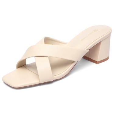 Imagem de NEWBELLA Sandálias femininas de salto quadrado - Design de alça cruzada com salto bloco, sandálias casuais de verão para praia e uso diário, Damasco, 35