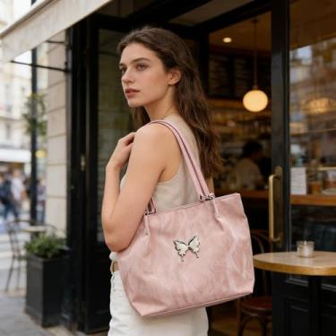 Imagem de Bolsa de ombro rosa média, cor sólida, simples, clássica, elegante, bolsa de mão leve e versátil para mulheres, viagens curtas, viagens de fim de semana