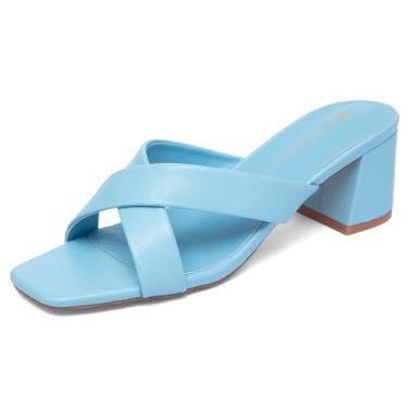 Imagem de NEWBELLA Sandálias femininas de salto quadrado - Design de alça cruzada com salto bloco, sandálias casuais de verão para praia e uso diário, Azul, 41