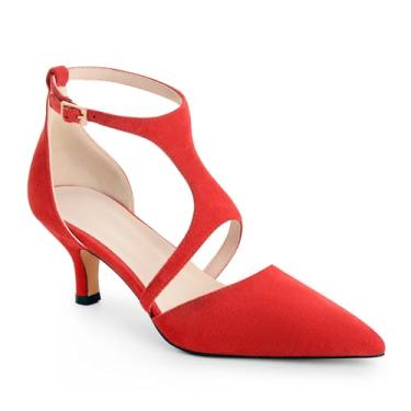 Imagem de ANN CREEK Sapatos femininos de salto gatinho bico fino fechado tira no tornozelo fivela salto médio sapatos vintage D'Orsay festa formatura, Vermelho, 37