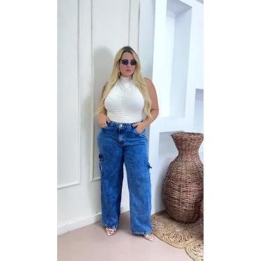 Imagem de Calça Jeans Feminina Cargo Cintura Alta Plus Size  