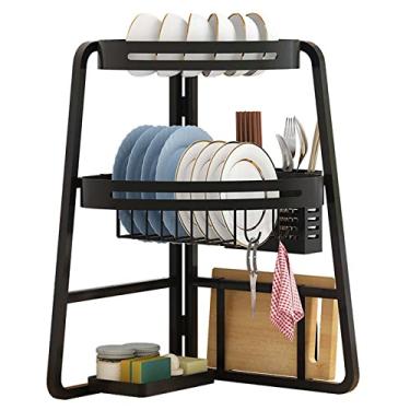 Imagem de Escorredor de pratos de aço inoxidável de 2 camadas com suporte de faca de utensílio e suporte de tábua de corte, organizador de louças para balcão de cozinha