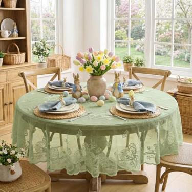 Imagem de Horaldaily Toalha de mesa redonda de renda de Páscoa, 152 cm x 152 cm, verde, bordada, flor, coelho, ovos, ovos, decorações de Páscoa para festas em casa ao ar livre