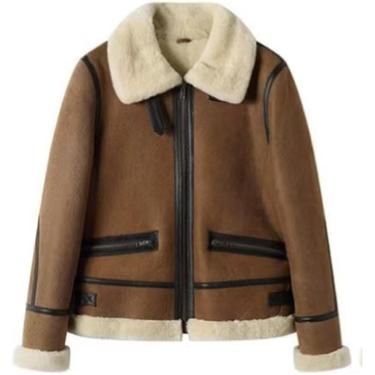 Imagem de Jaqueta De Couro Falso Feminina De Inverno, Casaco De Couro De Aviador De Pele De Carneiro De Inverno Com Gola De Pele Sintética, Black, L