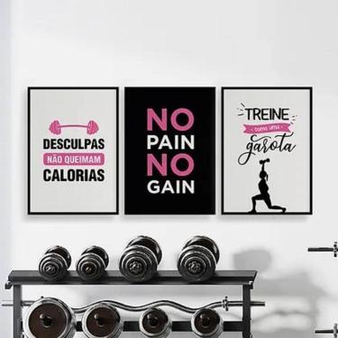 Imagem de Kit 3 Quadros Academia Feminino 45X34Cm - Com Vidro Preta