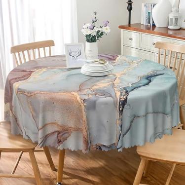 Imagem de Laeacco Toalha de mesa redonda de mármore de 178 cm, blush e verde, textura de mármore abstrata, arte moderna, lavável, impermeável, sem vincos, para cozinha, jantar, piquenique, decoração de festa