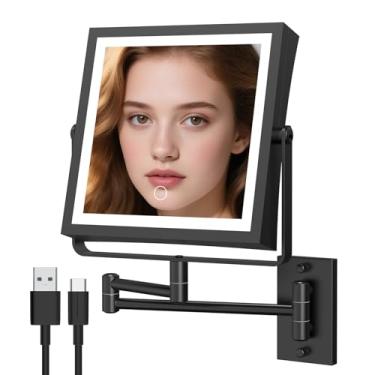 Imagem de Espelho de maquiagem montado na parede com luzes 4000 mAh recarregável dupla face 1X/10X espelho de maquiagem iluminado com 3 luzes coloridas e braço oscilante de extensão de rotação de 360° regulável