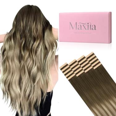 Imagem de MAXITA Extensões de cabelo humano com fita adesiva, 3/8/613 marrom nogueira a marrom acinzentado e loiro descolorante, 40,6 cm 50 g 20 peças de trama de pele sem costura invisível Remy cabelo humano
