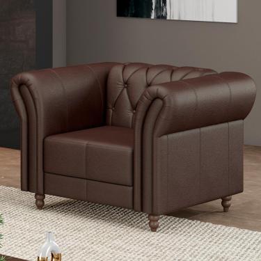 Imagem de Poltrona Decorativa Sala de Estar Stanford Chesterfield Pés de Madeira Couro Marrom Brilho G58 - Gran Belo
