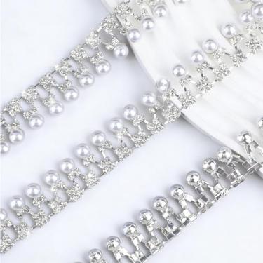 Imagem de Acabamento de franja de strass de 1 jarda de pérola, acabamento de corrente de pérolas de strass, corrente de diamante de cristal de prata com contas para costura, artesanato, casamento, vestido de