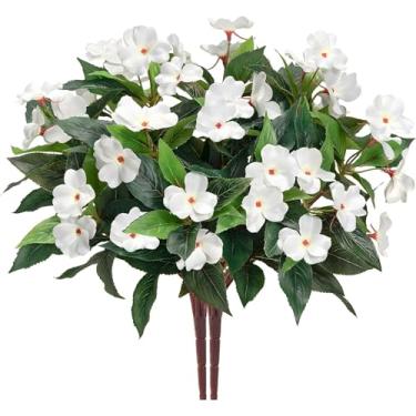 Imagem de GORGOU 4 peças de buquê de flores artificiais impatiens para decoração ao ar livre resistente a UV plantas artificiais flores de seda para plantação interna e externa, jardim, varanda, pátio, janela