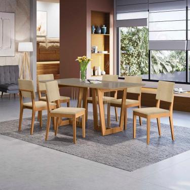 Imagem de Conjunto Sala De Jantar Dora Em Madeira Maciça 6 Cadeiras Boucle Bege