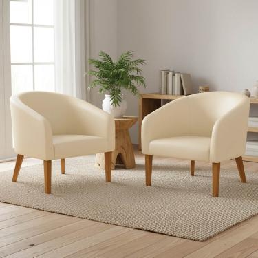 Imagem de Poltrona Sala Decorativa Kit 2 Stella Pé Madeira Trapézio Castanho Sintético PU Bege D03 - D'Rossi