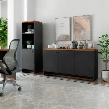 Imagem de Kit Escritório 2 Peças - Aparador Buffet e Armário Livreiro Organizador Áustria - Vianossa