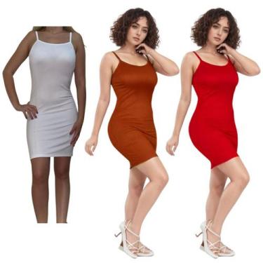 Imagem de Kit c/3 Vestidos Alcinha Canelado - Empório J, Branco, Caramelo, Verme