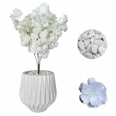 Imagem de Flor Cerejeira Pessegueiro Artificial + Vaso Origami Pedra - Branco - 