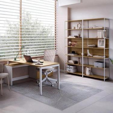 Imagem de Mesa Escrivaninha em L com Balcão Lateral Gavetas Porta e 2 Estantes E