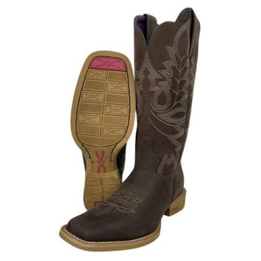 Imagem de Bota Texana Feminina Jácomo Bico Quadrado Couro Mustang Dark Brown Com