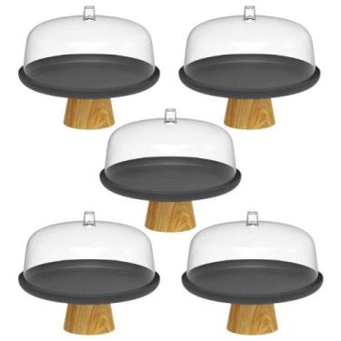 Imagem de Kit 5 Boleiras com Tampa 25cm Pé Bambu Prato para Bolo Torta - Ou