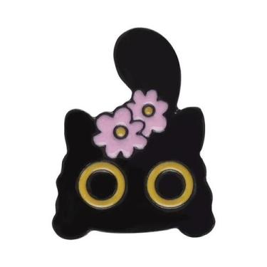 Imagem de Broche De Esmalte Gato Preto Desenho Animado Olhos Grandes Gatinho Ani