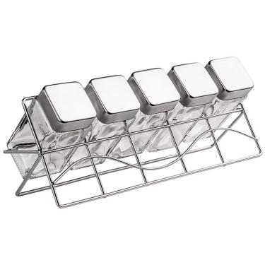 Imagem de Porta Condimentos Vdr0429 com 5 Peças em Vidro e Aço Inox com Suporte em Aço Cromado para Cozinha Inox Euro