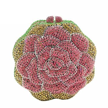 Imagem de Boutique De FGG Bolsa de mão feminina de cristal de flor rosa para noite formal para festa com strass, bolsa de casamento, Rosa e verde, Mini