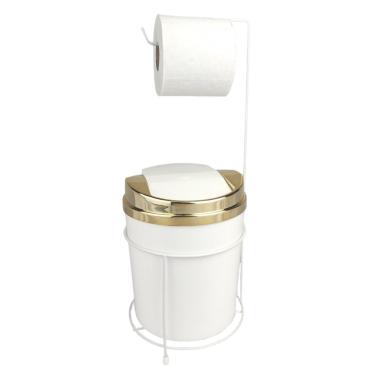 Imagem de Kit Suporte Porta Papel Higiênico Lixeira 5L Cesto Lixo Tampa Basculante Banheiro Branco Dourado - AMZ