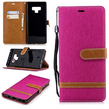 Imagem de Capa de telefone capa de couro de textura jeans combinando de cores para Galaxy Note 9, com suporte e slots de cartão e carteira e cordão (preto) mangas de bolsas (cor: rosa vermelho)