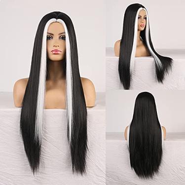 Imagem de Perucas femininas sintéticas afro crespo cor laranja ondulado natural peruca longa para mulheres negras e brancas cabelo de fibra de alta temperatura Perucas de cabelo humano (cor: preto e branco, comprimento esticado: 51 cm)