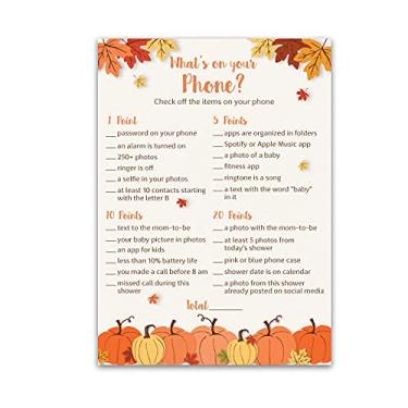 Imagem de Jogo de chá de bebê PUMPKINS — O que está no seu telefone jogo de chá de bebê — Pacote com 25 — Jogos de chá de bebê Little Pumpkin, jogo de chá de bebê de outono, dia das bruxas, atividade de chá de bebê, SKU G330-PHN