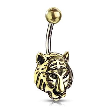 Imagem de Pierced Coruja Banhado a Ouro Cabeça de Tigre Botão Anel em Aço Inoxidável 316L