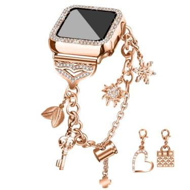 Imagem de Joyozy Pulseira compatível com Apple Watch 38 mm 40 mm 41 mm 42 mm 44 mm 45 mm, pulseira brilhante com capa glitter protetor de tela integrado, pingentes intercambiáveis pulseira elegante para mulheres (ouro rosa 45 mm)