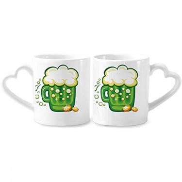 Imagem de Conjunto de canecas de porcelana para casal de quatro folhas trevo cerveja Irlanda Dia de São Patrício com alça de coração