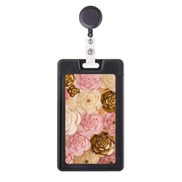 Imagem de Estojo retrátil para cartão de carretel de crachá com lindas flores rosa marrom