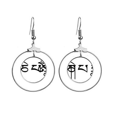 Imagem de Brincos budista com padrão de personagem sânscrito preto pendentes joia círculo gota