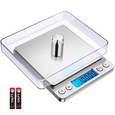 Imagem de Balança de cozinha digital, 500 g/ 0,01 g Mini Bolso Joia Escala, Escala de alimentos para cozinhar com tela LCD retroiluminada, 2 bandejas, 6 unidades, Desliga automaticamente, Tare, Função PCS, Aço inoxidável, Preto, Prata