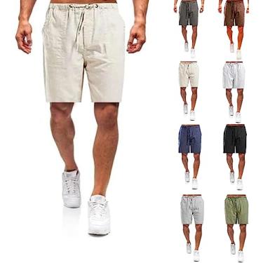 Imagem de Shorts masculinos casuais de linho, shorts masculinos casuais de linho de algodão com cordão e bolsos, shorts de praia de verão (Khaki,4X-Large)