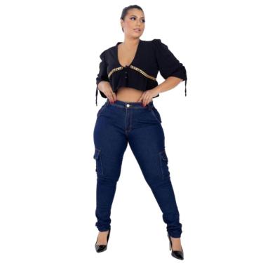 Imagem de Calça Jeans Escura Cargo Plus Size Cintura Alta Com Bolsos-Feminino