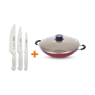 Imagem de Kit - Faqueiro Premium 3 Peças + 1 Panela Wok 36cm Vermelha - Tramontina
