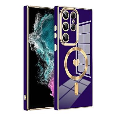 Imagem de LXURY Capa magnética para Samsung Galaxy S23 Ultra/S23 Plus/S23, capa galvanizada antidigitais com suporte para carregamento sem fio, roxo, S23 de 6,1 polegadas
