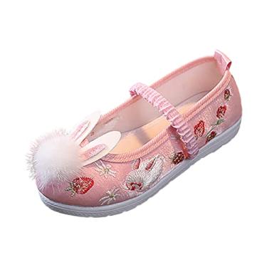 Imagem de Sandálias Wedges para meninas meninas sandálias bordadas de fundo plano moda fantasia antiga chinelos infantis com pompom, Rosa, 11.5 Little Kid