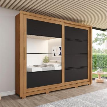 Imagem de Guarda Roupa Casal com Espelho e Pés 2 Portas de Correr Medelin Henn - Nature/Preto HP