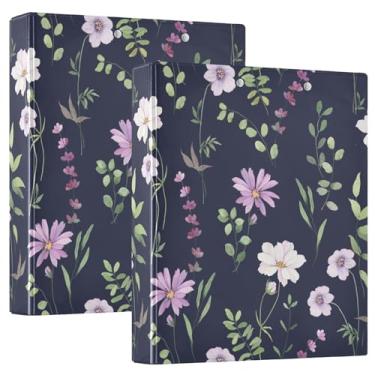 Imagem de Fichários de caderno de três anéis, fichários de caderno de 3,8 cm com bolsos, 1/2 pacote de fichários escolares capa dura floral flores roxas folhas verdes