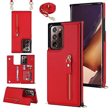 Imagem de YDIJCYAN Capa tipo carteira transversal para Samsung Galaxy Note 20 Ultra com compartimento para cartão com bloqueio de RFID, capa magnética flip tipo carteira com zíper, bolsa de couro PU com alça de cordão removível - vermelha