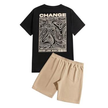 Imagem de SOLY HUX Conjunto masculino de 2 peças, camiseta de manga curta com estampa de letras e shorts com cordão, Letra cáqui, P