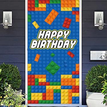 Imagem de Blocos de construção coloridos faixa de feliz aniversário pano de fundo brinquedos de construção tema tijolos e blocos decorações para meninos festa de 1º aniversário lembrancinhas de chá de bebê