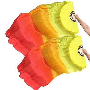 Imagem de TMZAQH Véus de bambu de seda artificial para dança do ventre cores 1 par 180 x 90 cm (esquerda + direita) (amarelo laranja vermelho)