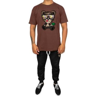Imagem de Kit Conjunto Masculino Camiseta Algodão e Calça Moletom Casual Estampado Urso Dollar (Marrom, G)